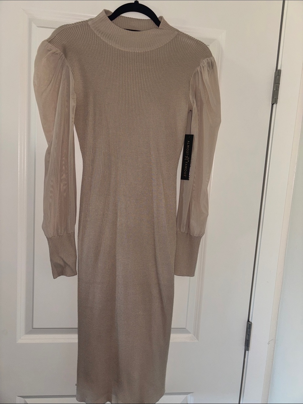 Mesh Puff-Sleeve Knit Dress in a Camel tone